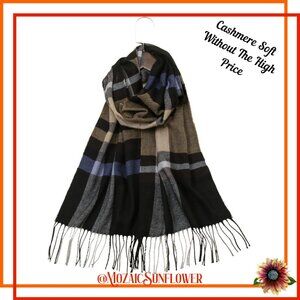 Plaid Fringe Hem Soft Scarf Shawl Primary Browns, Blues, and Accent White